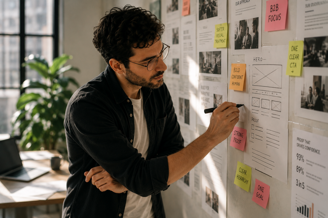 Marketer planning a campaign on a wall of sticky notes